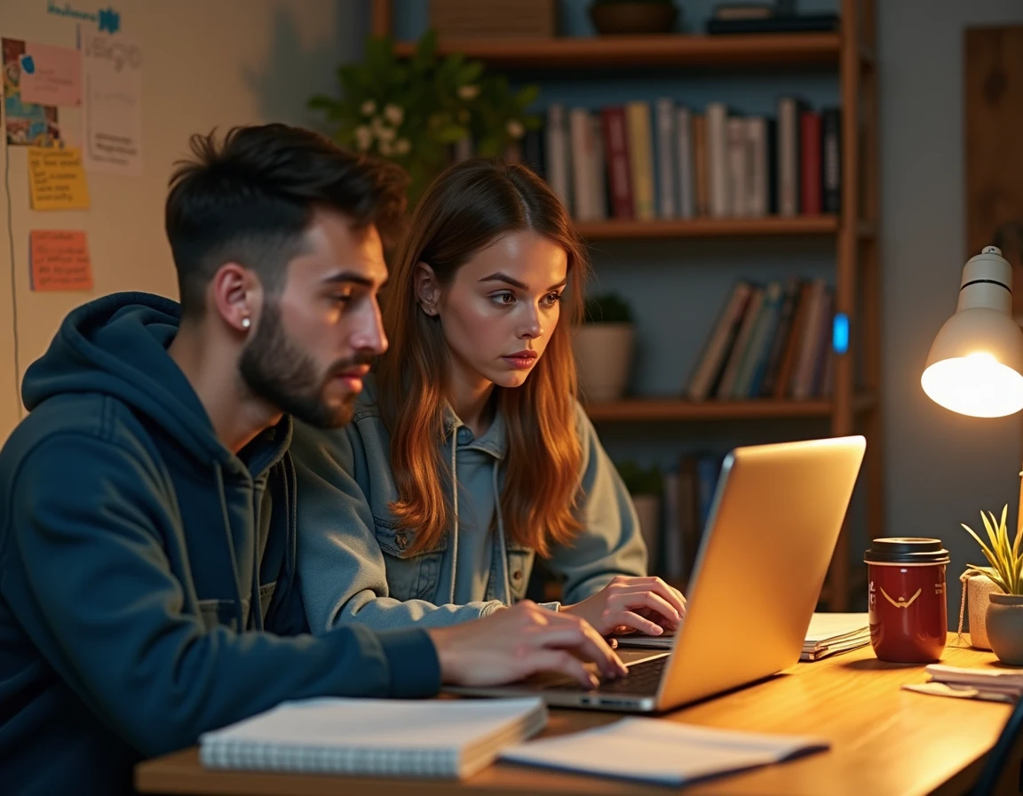 Deux amis comparant des sites de téléchargement et de streaming de films et séries sur un ordinateur portable dans un appartement étudiant