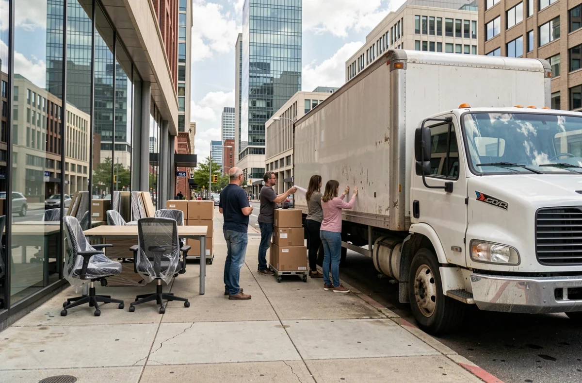 Équipe de débarras chargeant du mobilier de bureau dans un camion de déménagement devant un immeuble commercial en ville