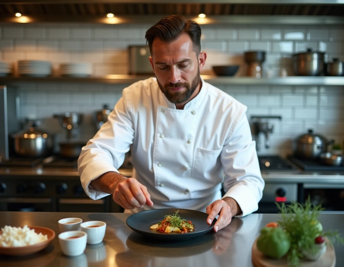 Chef cuisinier du restaurant Dubraz dressant une assiette gastronomique dans la nouvelle cuisine en 2026