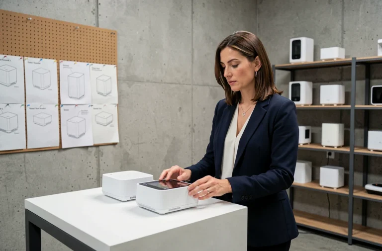 Femme professionnelle comparant deux produits électroniques dans un studio de design pour évaluer leur degré d'innovation réelle