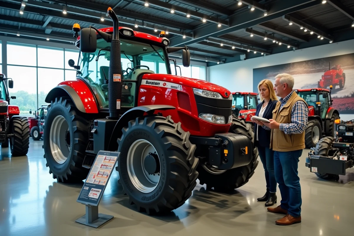 Vendeur et agriculteur discutant du prix d'un tracteur neuf dans une concession de matériel agricole