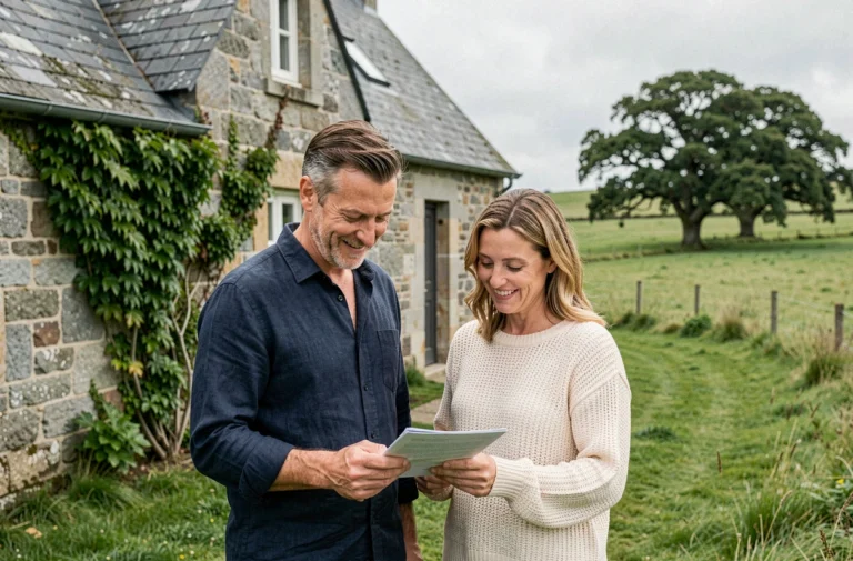 Couple de nouveaux arrivants devant une ferme en pierre bretonne typique dans le Finistère, illustrant l'installation en Bretagne