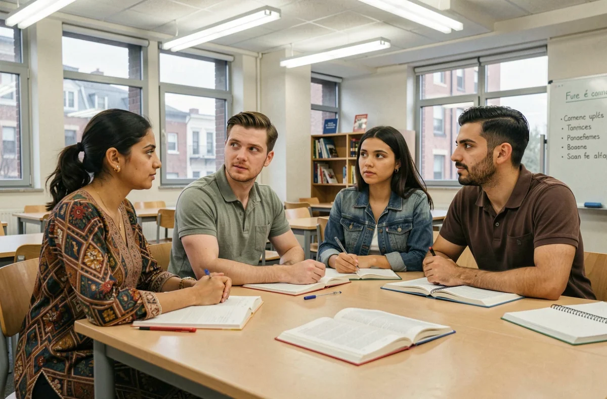 Groupe de personnes immigrées apprenant le français dans un cours d'intégration linguistique en France