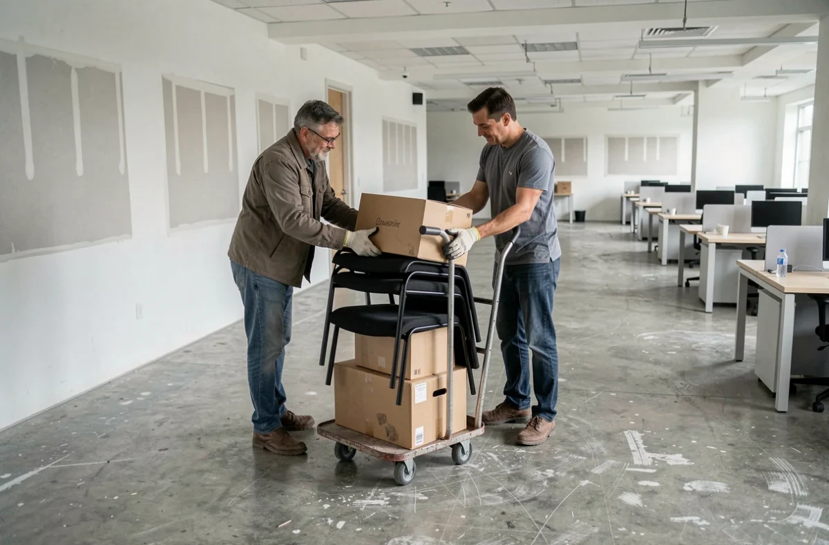 Deux déménageurs professionnels effectuant un débarras de bureaux dans un open space vidé, avec cartons empilés et chaises de bureau