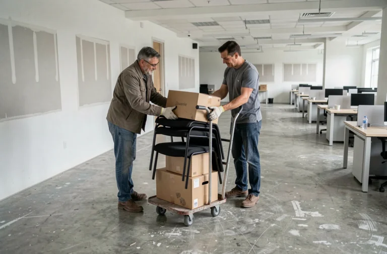 Deux déménageurs professionnels effectuant un débarras de bureaux dans un open space vidé, avec cartons empilés et chaises de bureau