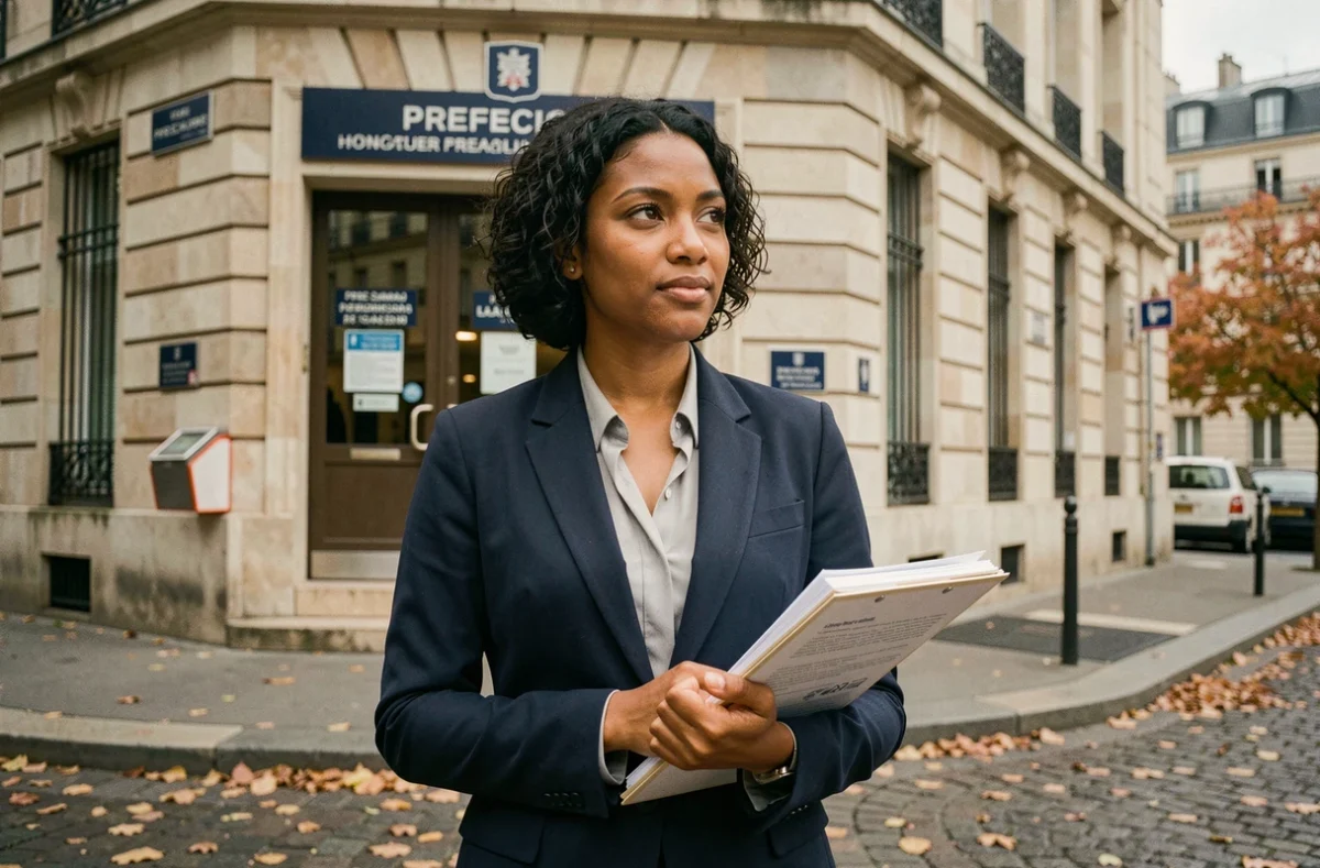 Femme immigrée tenant des documents administratifs devant une préfecture française, illustrant les démarches d'intégration en France
