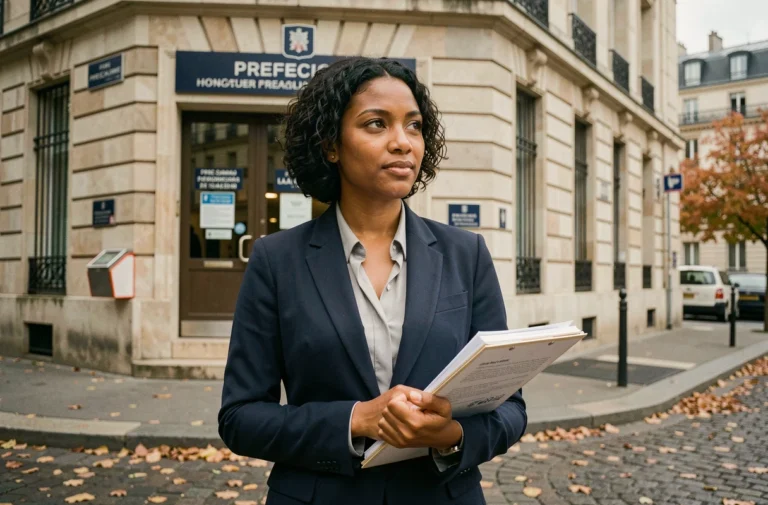 Femme immigrée tenant des documents administratifs devant une préfecture française, illustrant les démarches d'intégration en France