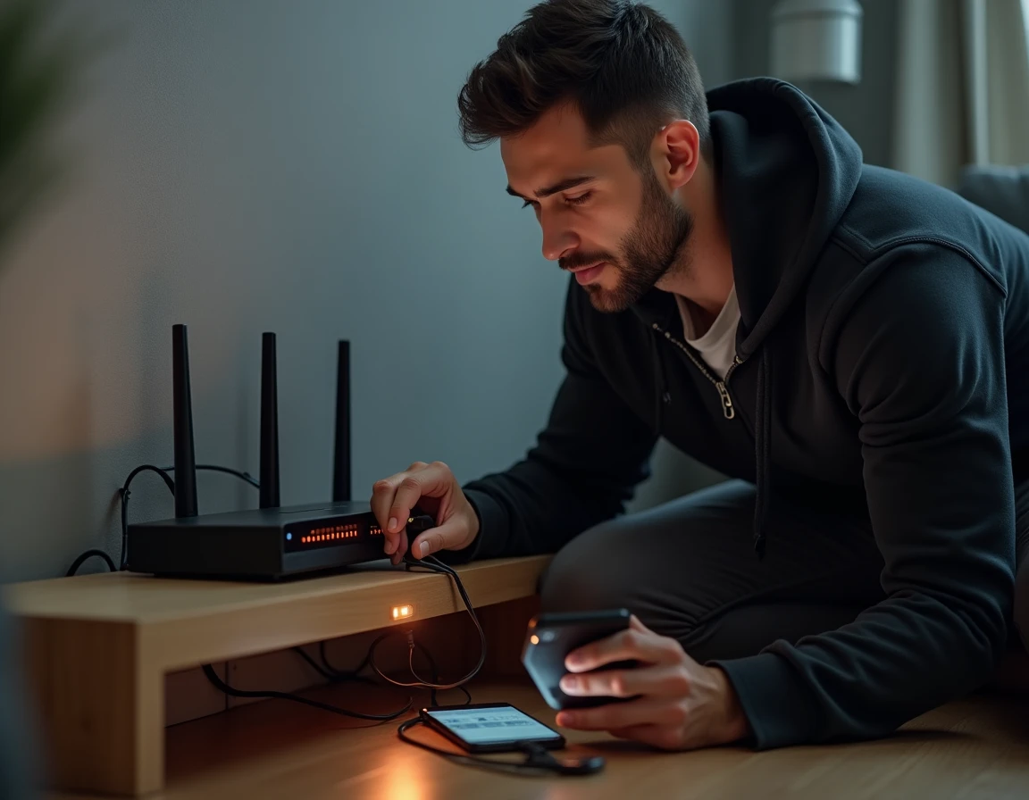Homme inspectant un routeur domestique pour corriger un problème de connexion Sigtao à domicile