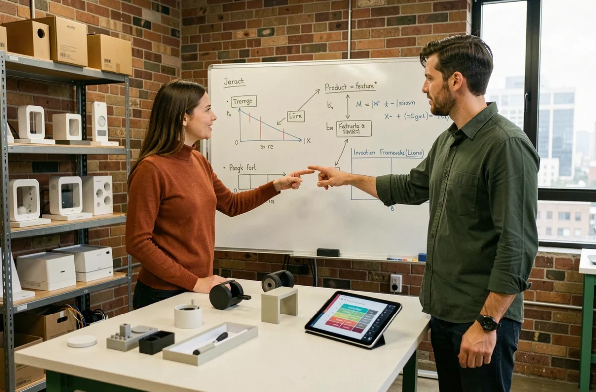 Deux collègues dans un lab d'innovation comparant des produits sur un tableau blanc pour identifier ce qui constitue une vraie nouveauté sur le marché