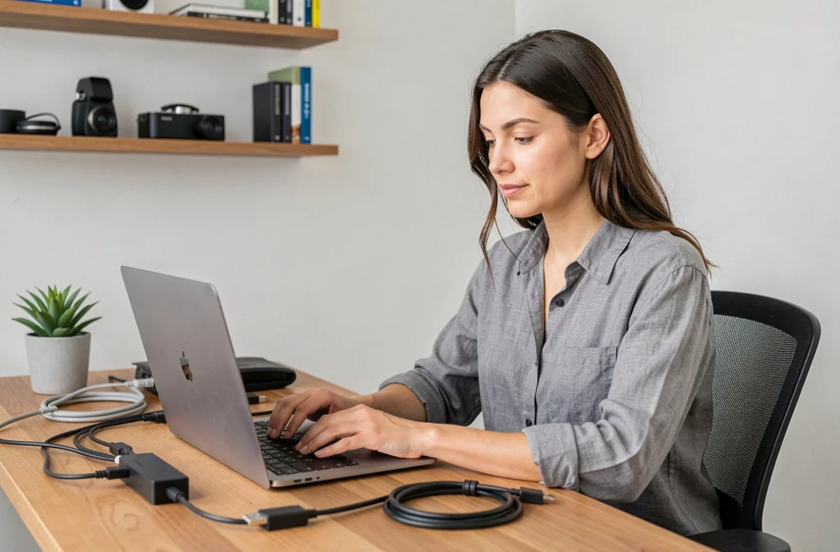 Femme travaillant sur un ordinateur portable dans un bureau à domicile bien organisé avec des accessoires informatiques modernes