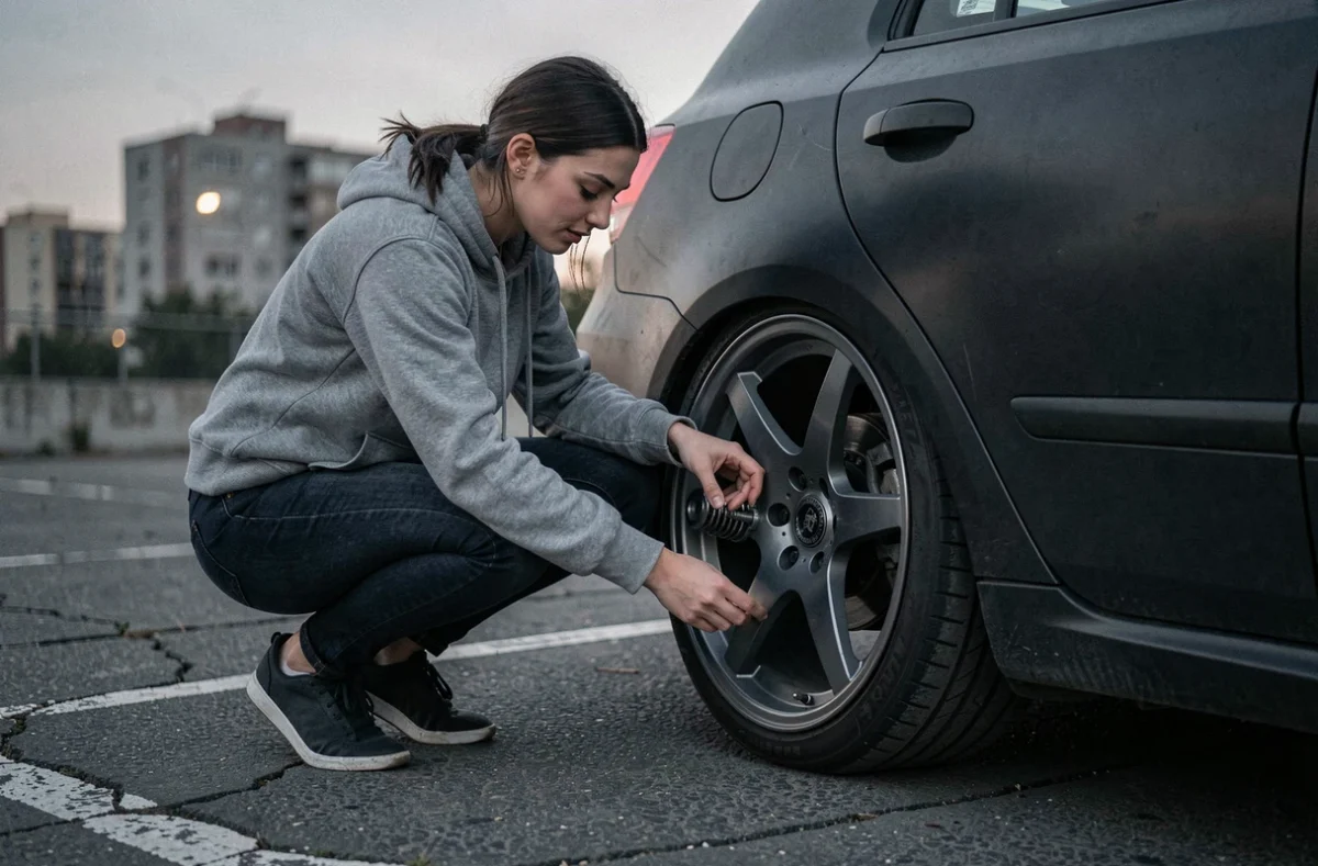 Femme inspectant les jantes et les ressorts de suspension d'une voiture personnalisée en milieu urbain
