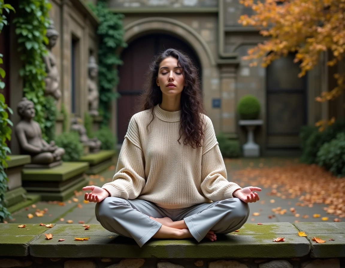 Jeune femme en méditation assise dans un jardin philosophique avec des murs en pierre ancienne et des feuilles d'automne