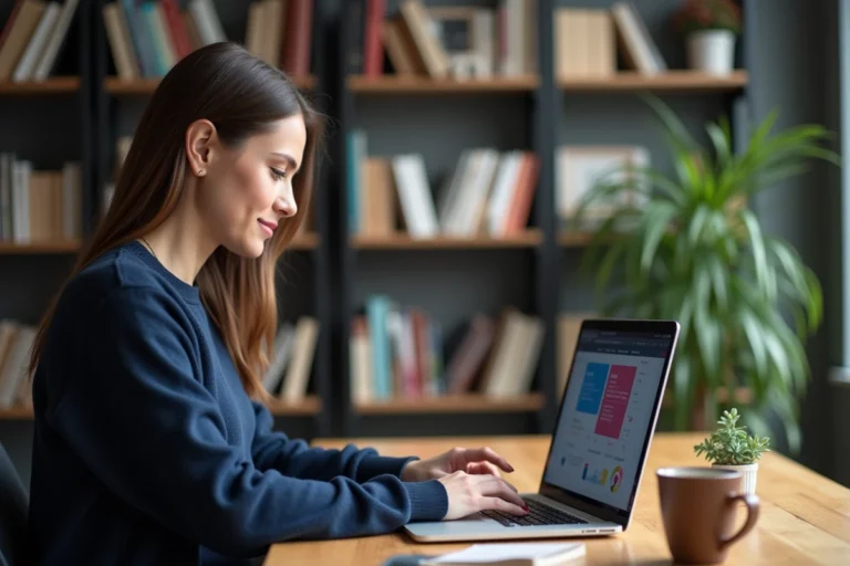 Femme travaillant sur son ordinateur portable pour optimiser sa présence en ligne grâce à des ressources web