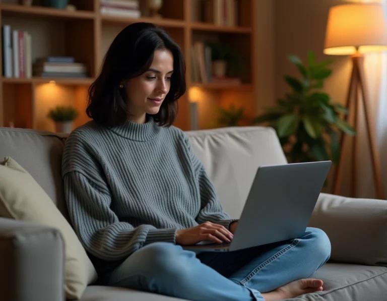 Femme regardant un catalogue de films et séries en streaming sur un ordinateur portable dans un salon moderne et cosy