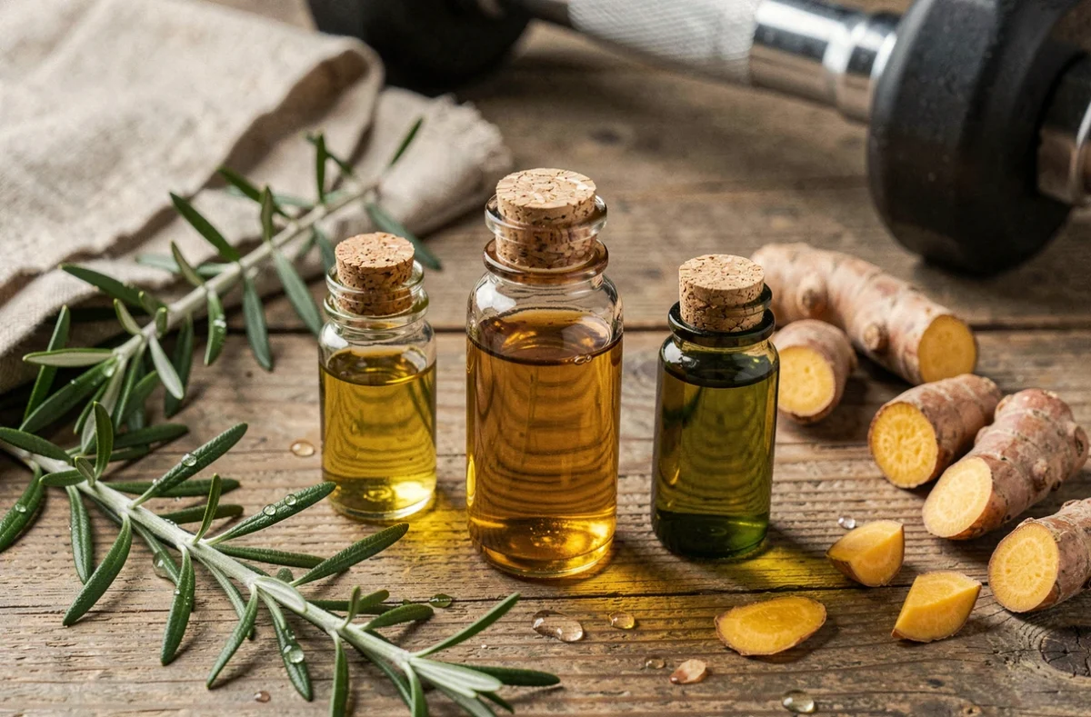 Gros plan de flacons d'huiles naturelles argan olive et ricin avec plantes et épices pour stimuler la croissance musculaire