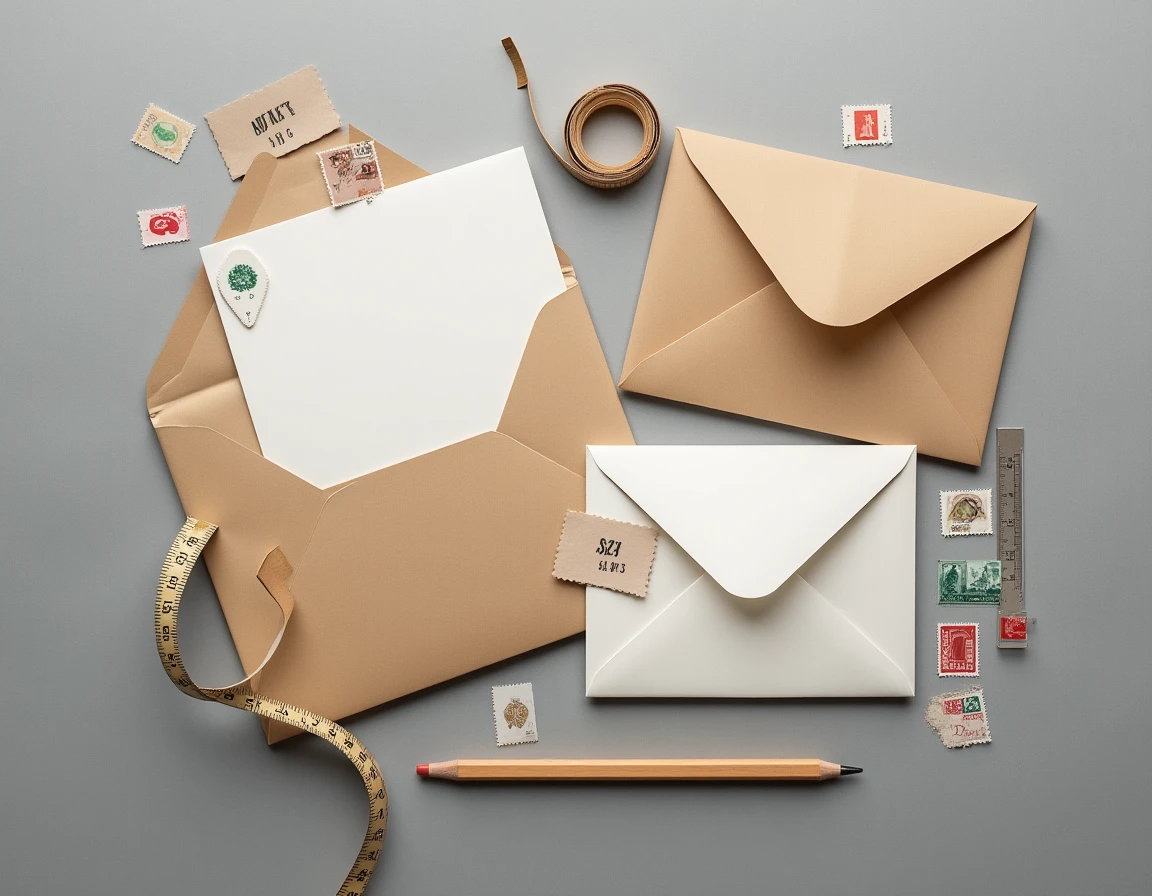 Vue de dessus d'enveloppes de différents formats avec ruban à mesurer et règle, illustrant les dimensions standard de la mesure lettre