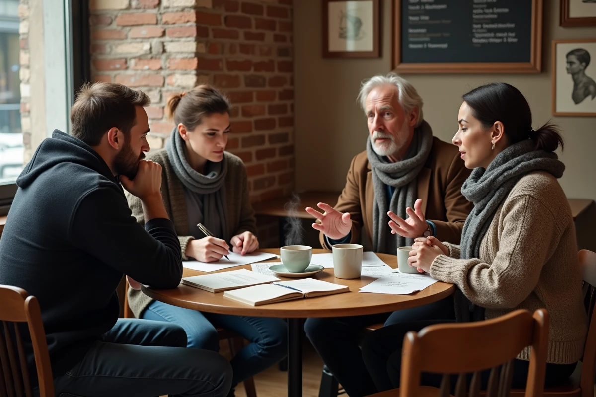 Groupe de passionnés de poésie réunis autour d'une table dans un café littéraire pour un forum d'écriture