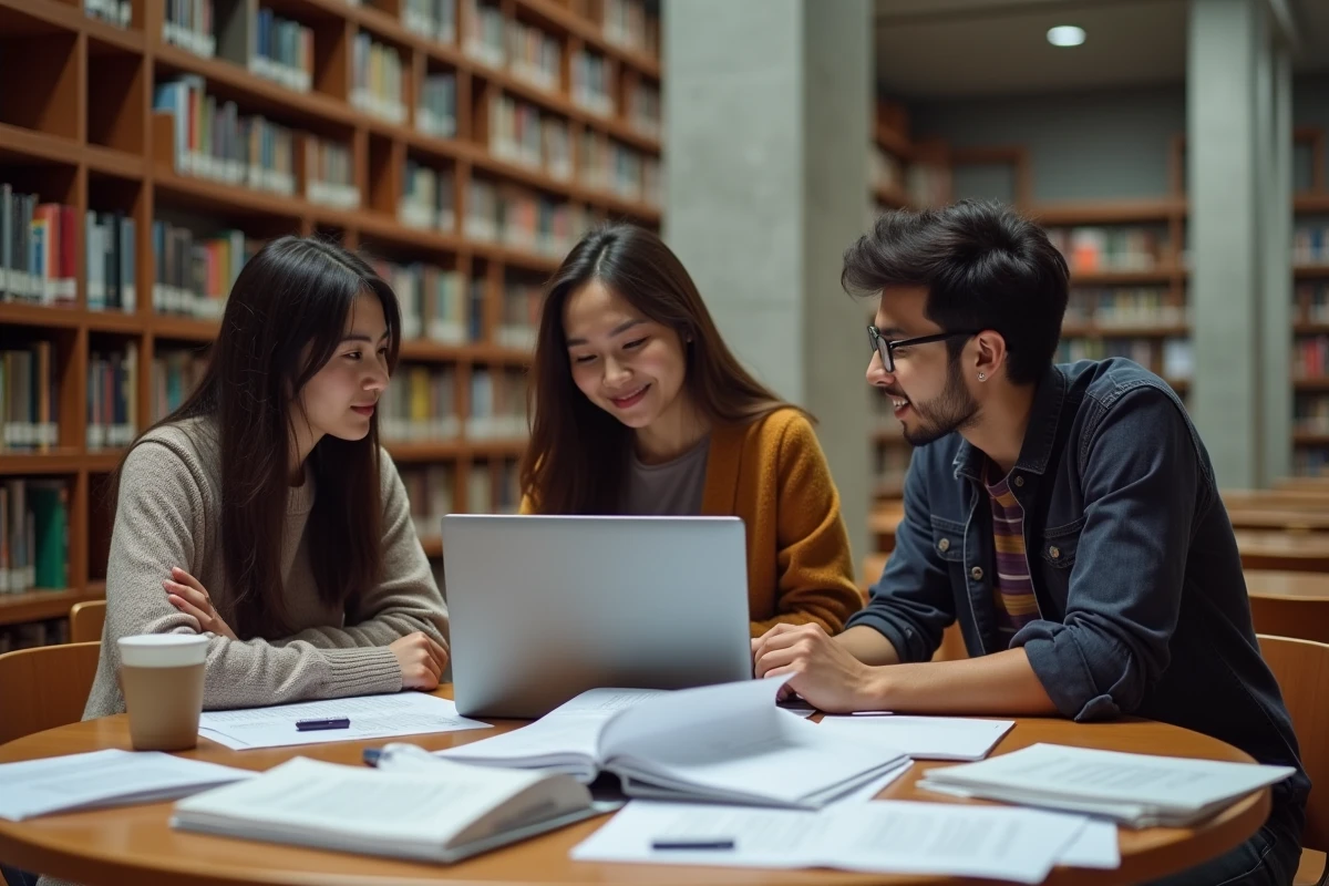 Groupe d'étudiants préparant ensemble le concours de CPE dans une bibliothèque universitaire