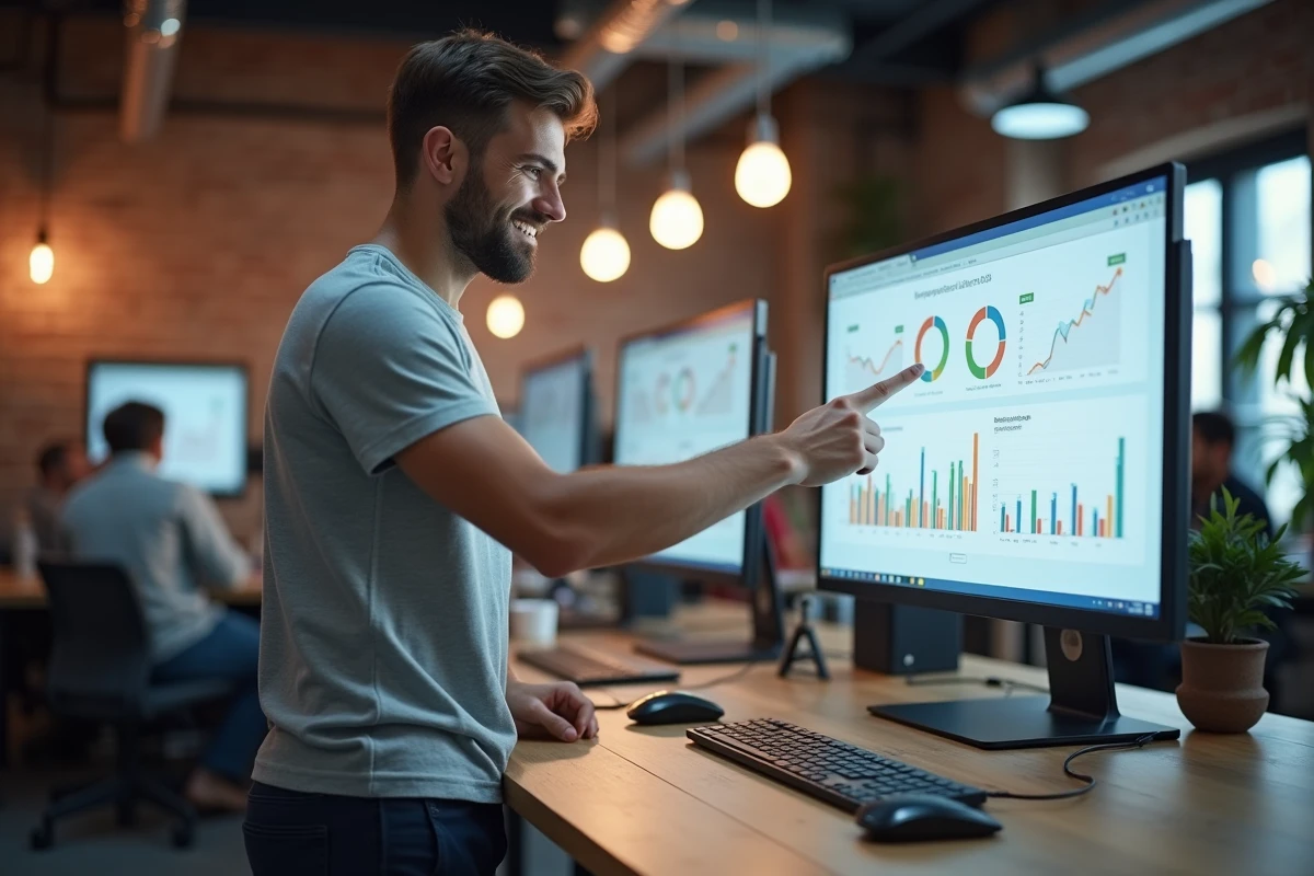 Homme présentant des statistiques de présence en ligne sur un écran dans un espace de coworking moderne