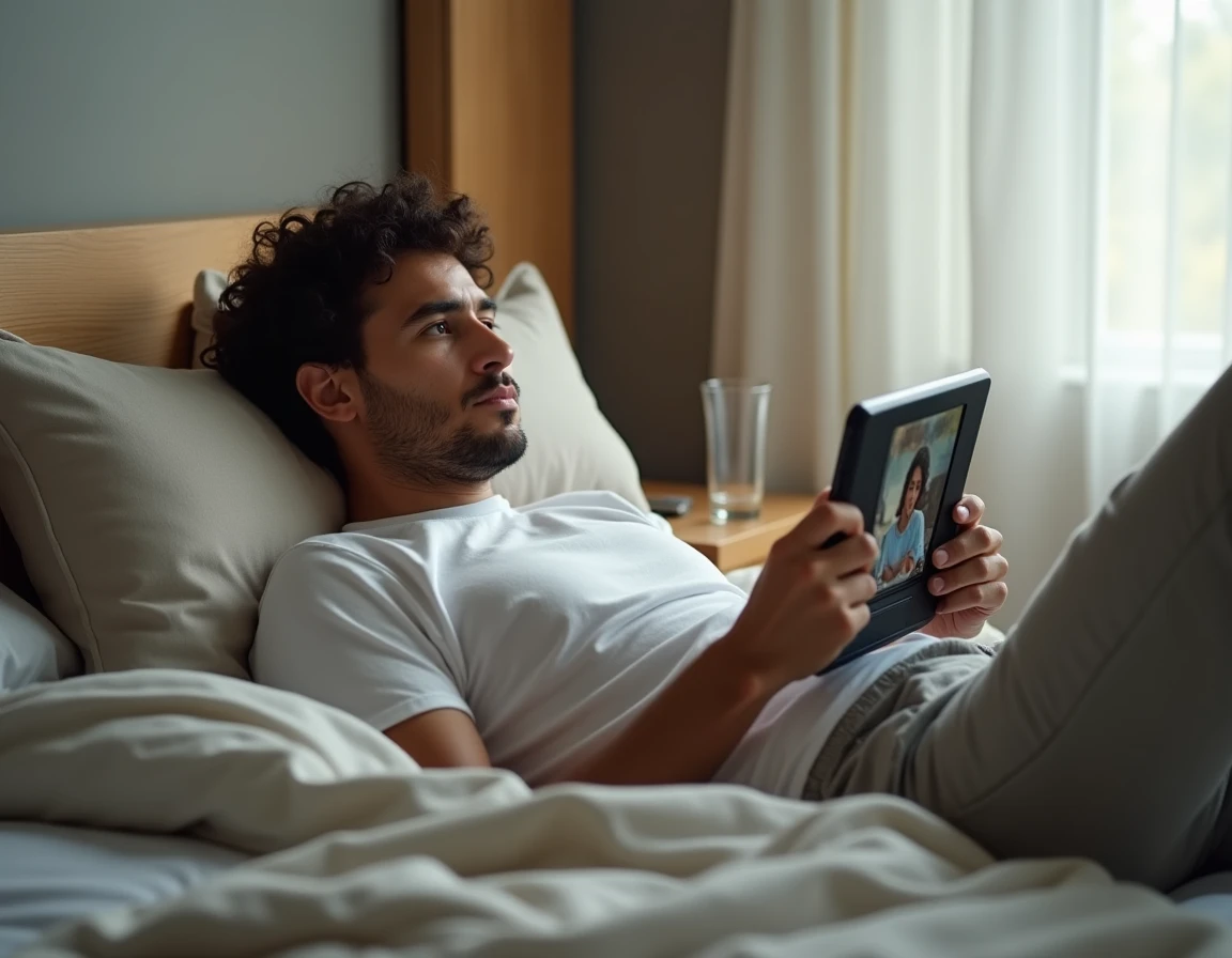 Homme regardant un documentaire en ligne sur une tablette dans une chambre minimaliste moderne