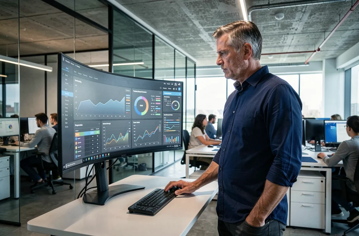 Homme debout devant un grand écran incurvé dans un espace de travail professionnel moderne et technologique