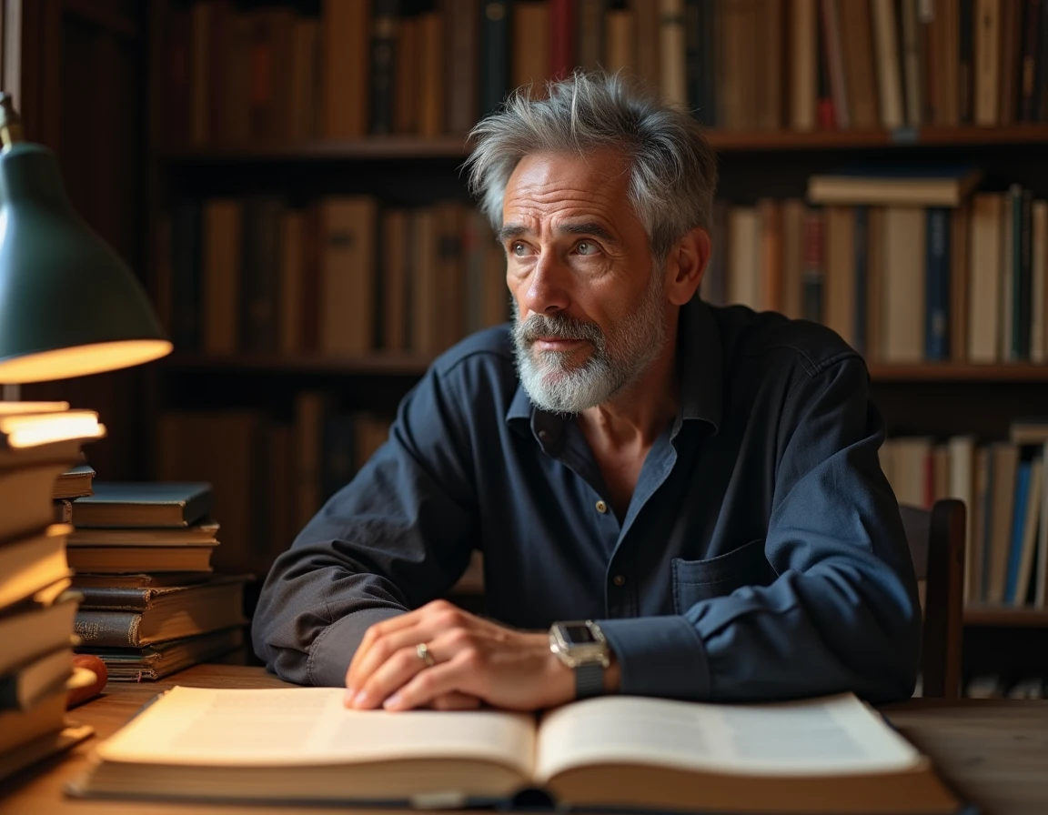Homme d'âge mûr pensif assis dans une bibliothèque philosophique entourée de livres anciens et de notes manuscrites