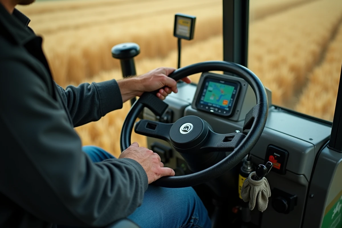 Intérieur high-tech de la cabine d'un tracteur agricole neuf avec tableau de bord GPS et siège ergonomique