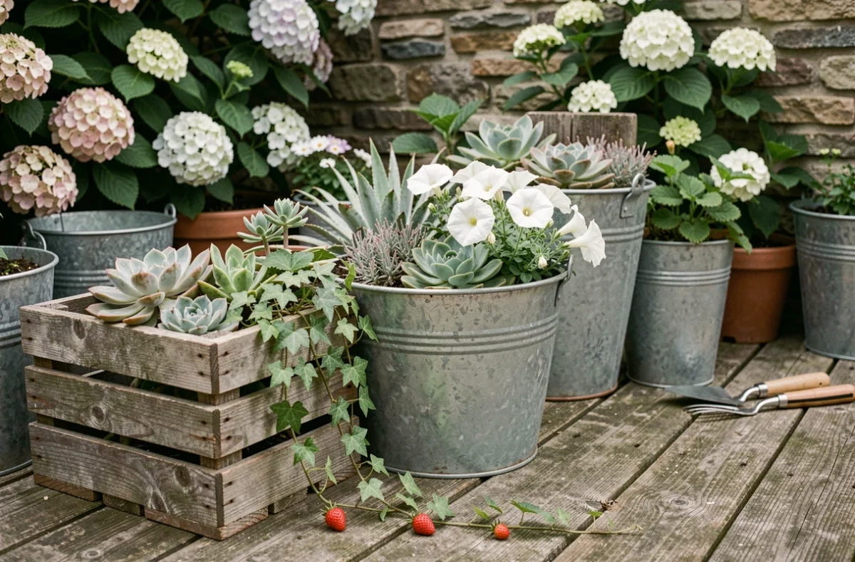 Composition de jardinières rustiques en bois et zinc avec fleurs et succulentes sur une terrasse de campagne