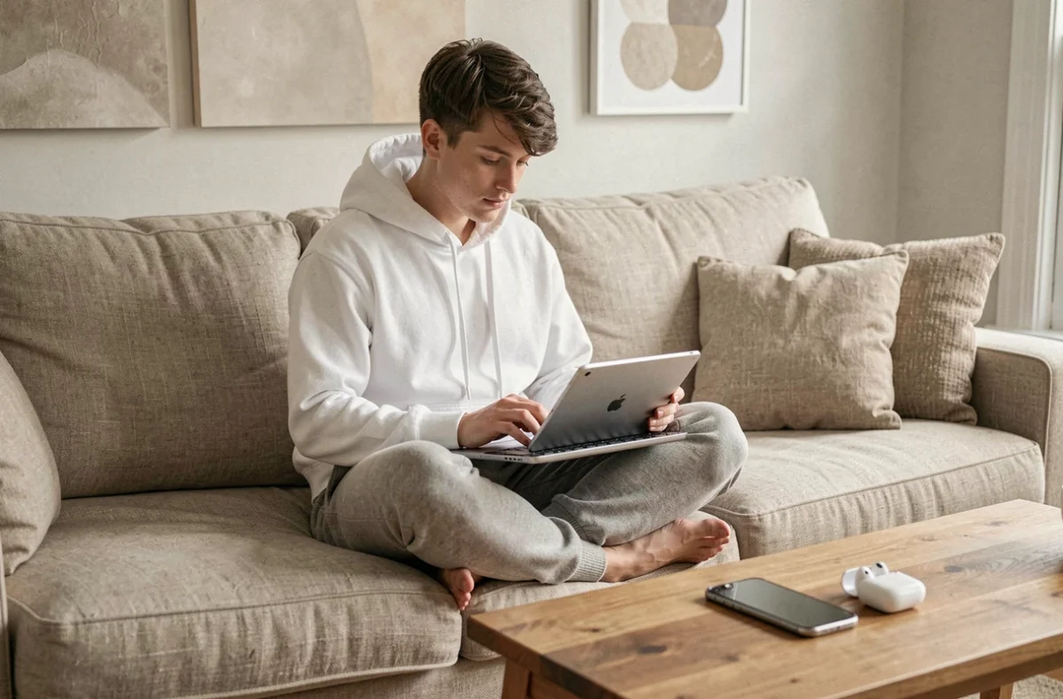 Jeune adulte utilisant une tablette avec clavier sans fil confortablement installé dans un salon moderne et décontracté
