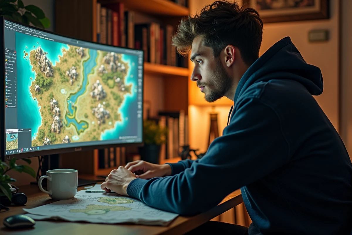 Joueur adulte concentré analysant une carte tactique de RPG fantasy sur écran d'ordinateur avec des notes de guide manuscrites sur son bureau