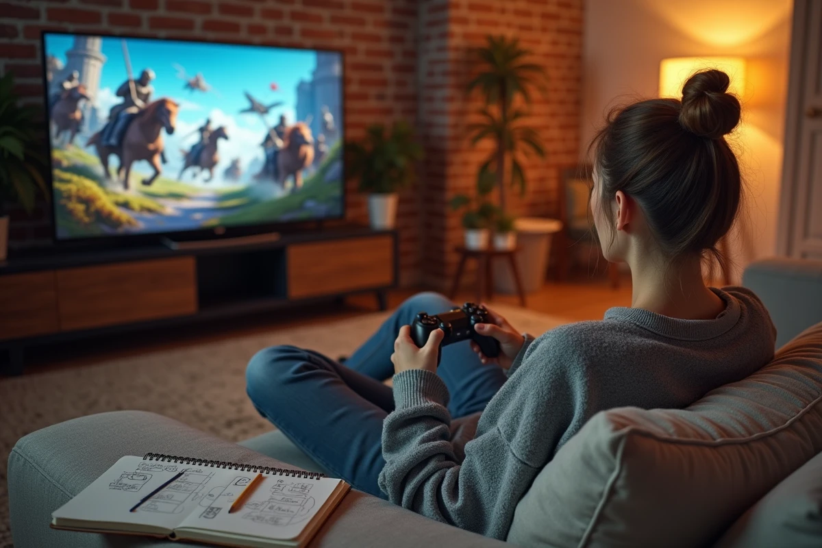 Joueuse adulte sur son canapé jouant à un RPG tactique fantasy sur TV avec un carnet de notes de soluce ouvert à côté d'elle