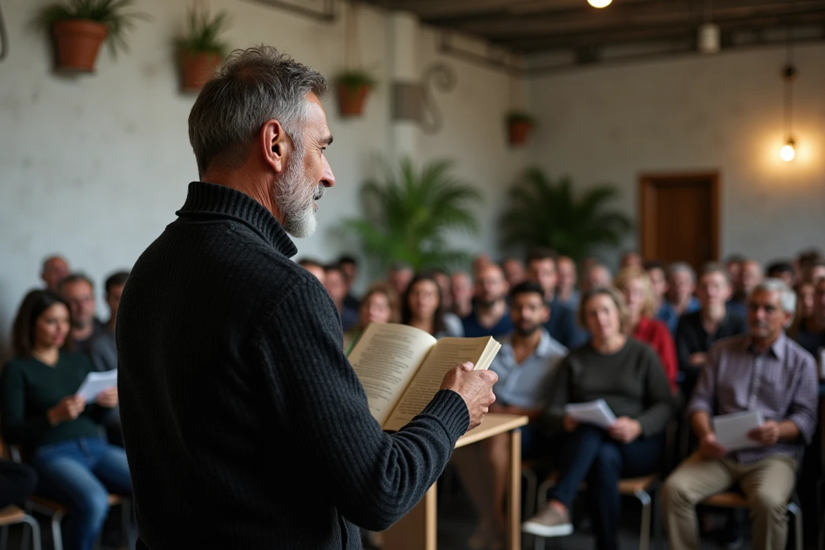 Poète lisant ses vers à voix haute devant un public lors d'une soirée poétique dans un centre culturel