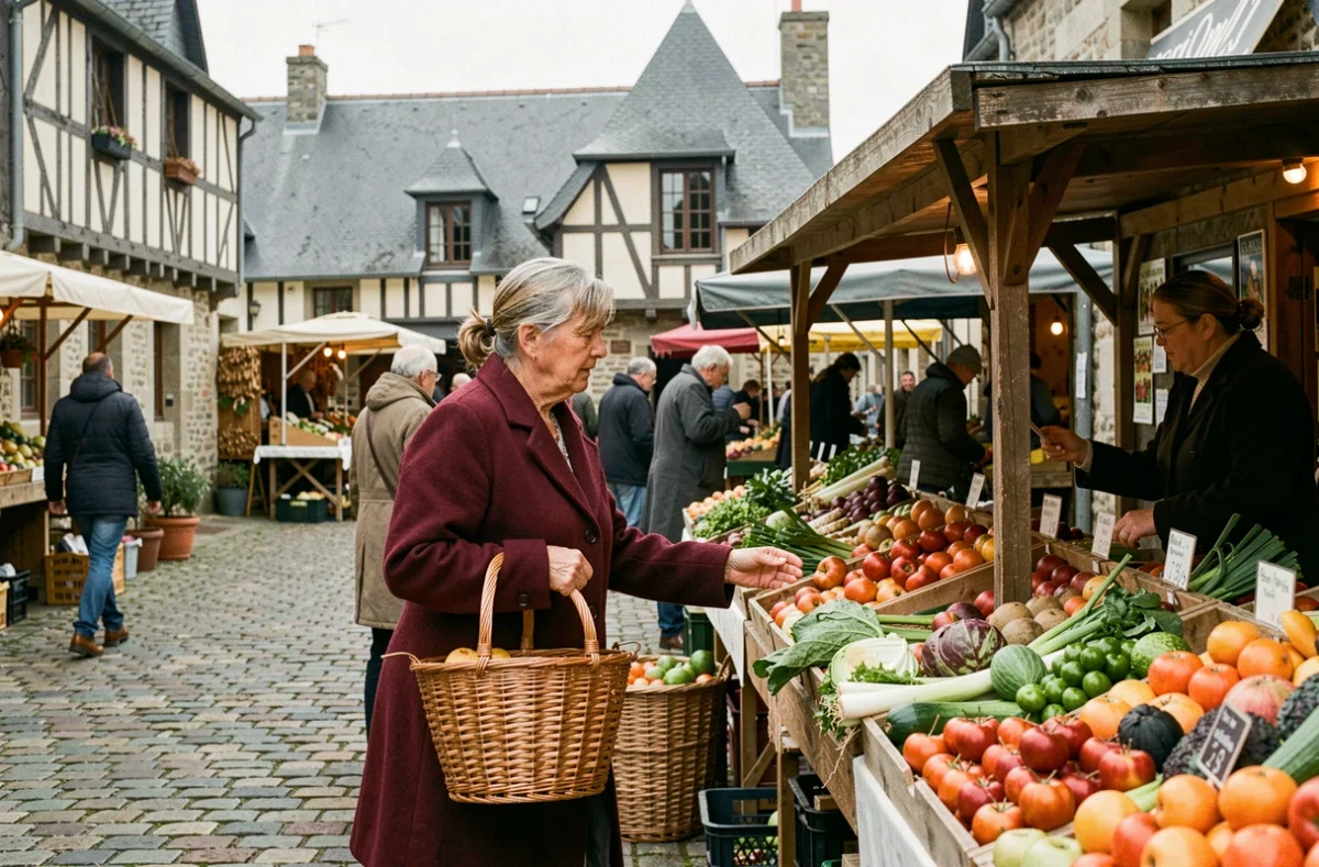 Femme faisant ses courses au marché breton traditionnel en centre-ville, illustrant le coût de la vie abordable en Bretagne