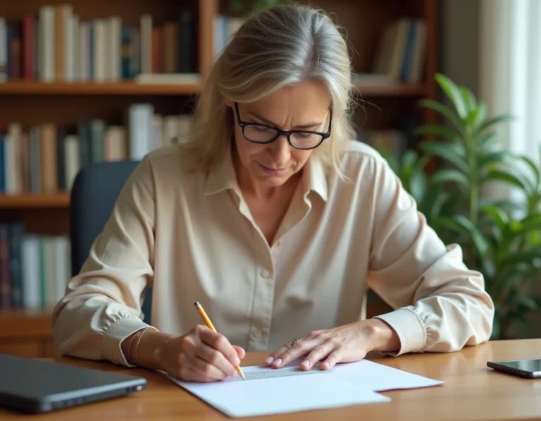 Femme mesurant une enveloppe avec une règle métallique sur un bureau en bois, illustrant la mesure lettre au quotidien