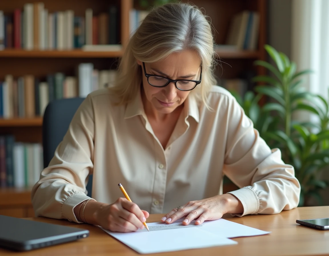 Femme mesurant une enveloppe avec une règle métallique sur un bureau en bois, illustrant la mesure lettre au quotidien