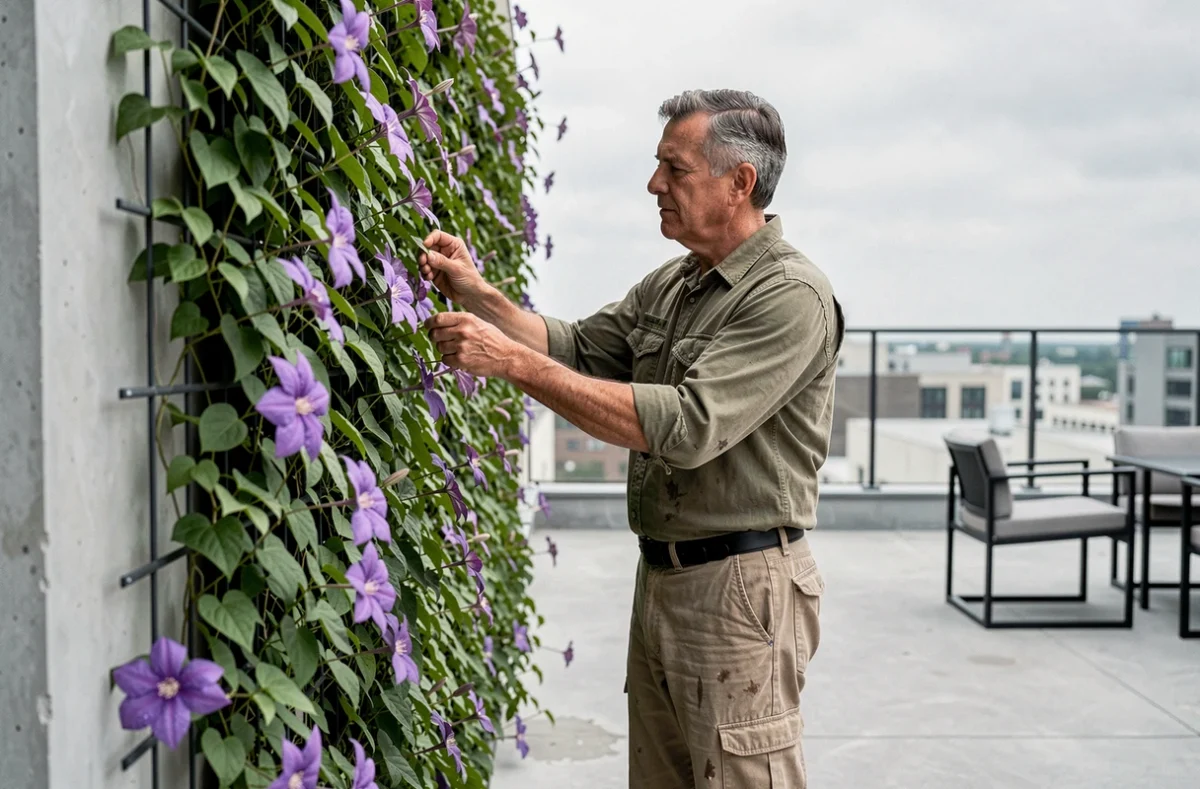 Homme installant une plante grimpante sur un mur végétal dans une terrasse moderne en ville