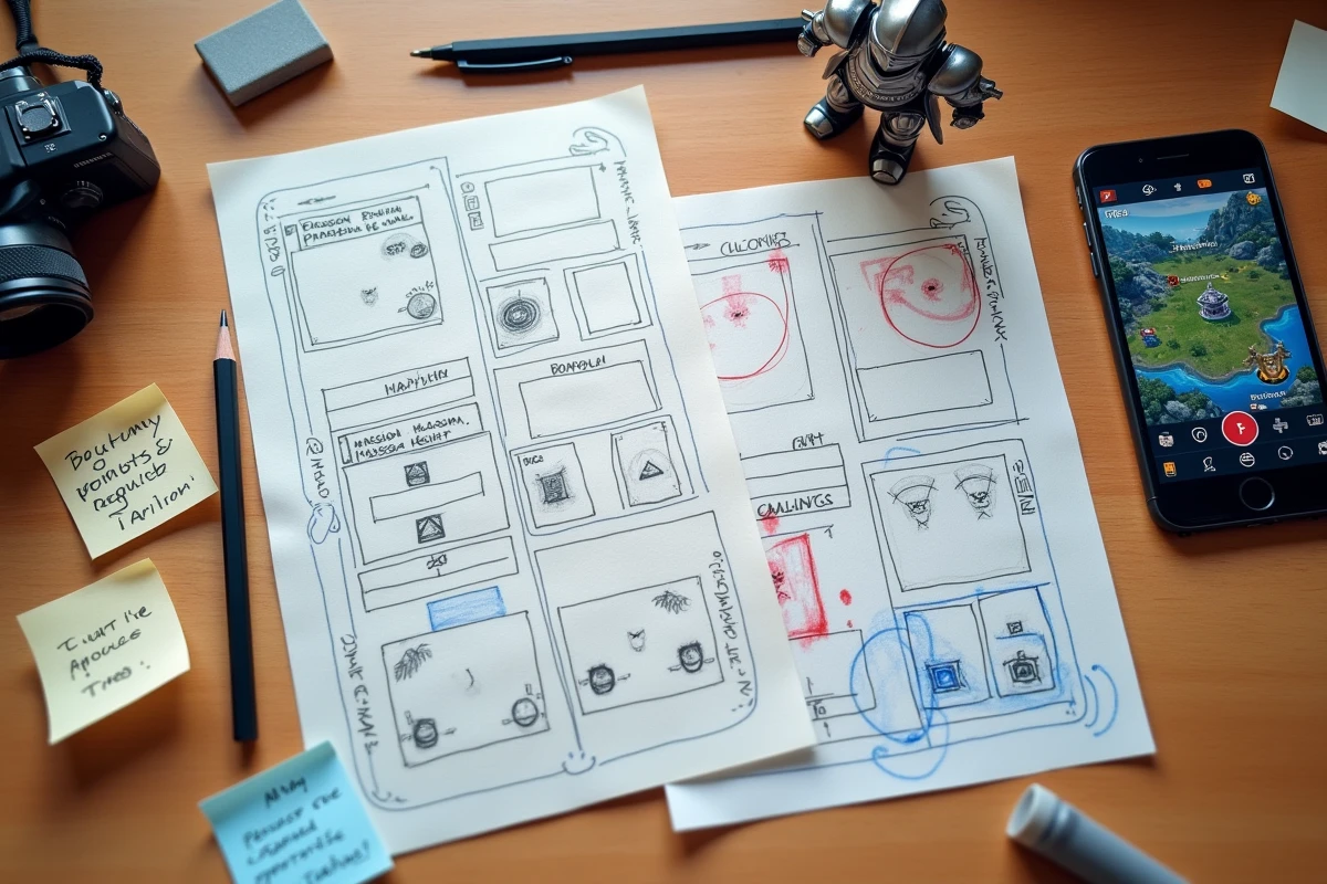 Vue aérienne d'un bureau avec des notes manuscrites détaillées de soluce pour un RPG tactique fantasy, figurine de chevalier et smartphone affichant le jeu