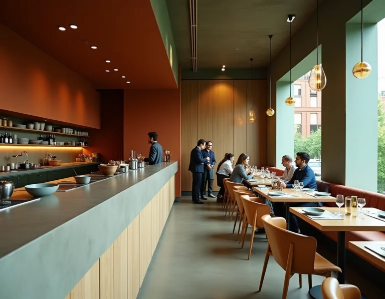 Intérieur moderne du restaurant Dubraz avec sa nouvelle adresse en 2026, décor en béton poli et boiseries chêne