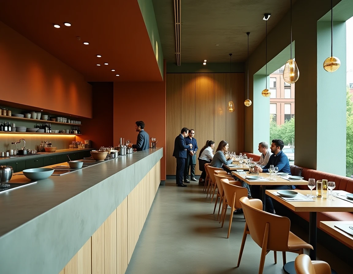 Intérieur moderne du restaurant Dubraz avec sa nouvelle adresse en 2026, décor en béton poli et boiseries chêne