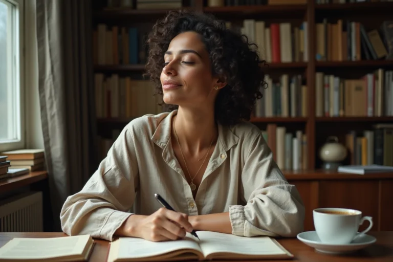 Femme poète en train d'écrire des vers dans un bureau entouré de carnets de poésie et de livres