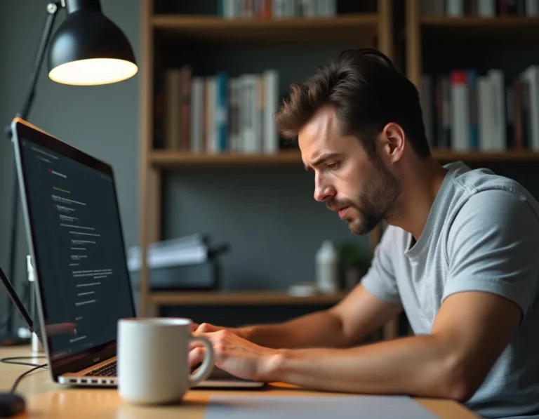 Homme en train de résoudre un problème de connexion Sigtao sur son ordinateur portable dans un bureau à domicile