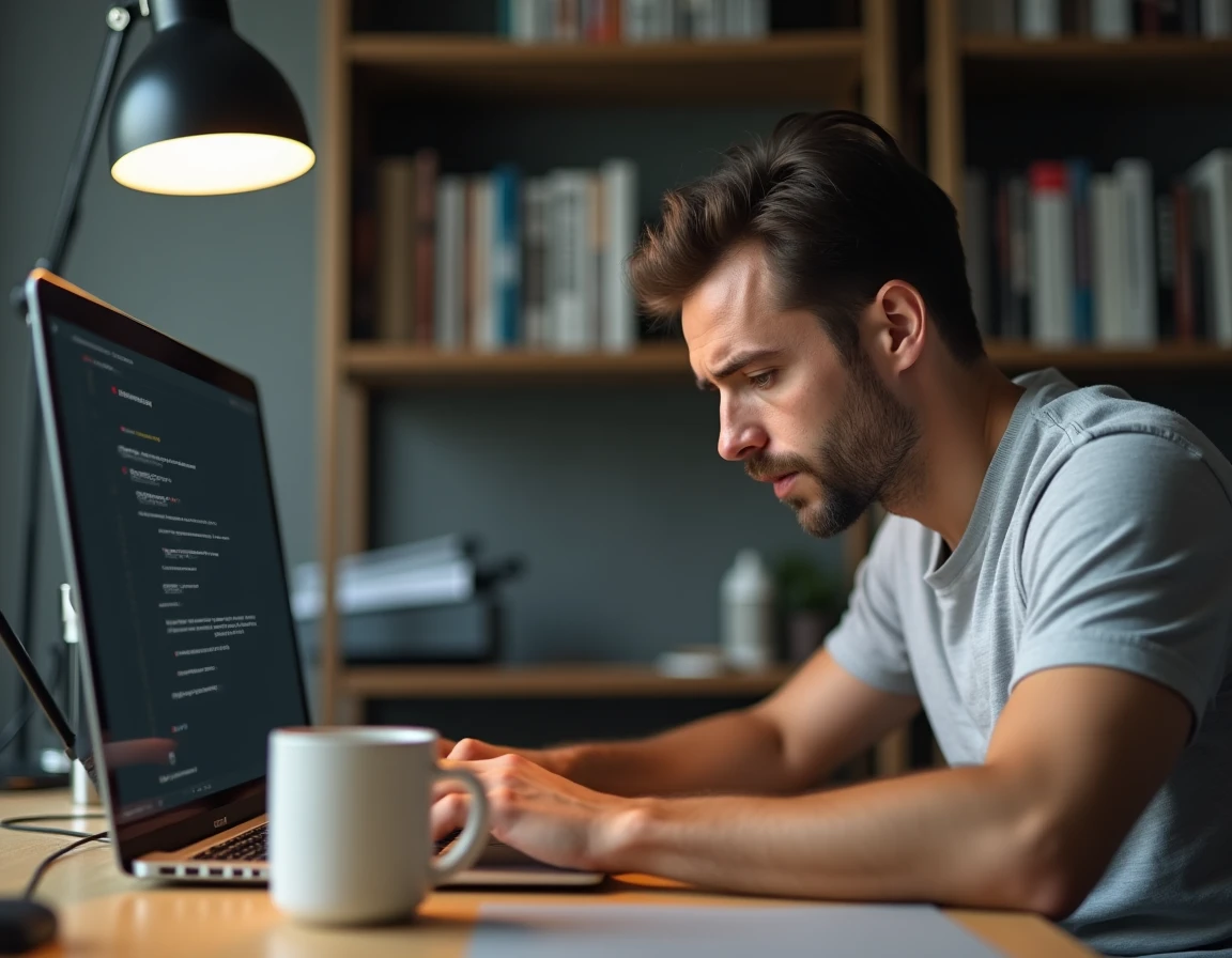 Homme en train de résoudre un problème de connexion Sigtao sur son ordinateur portable dans un bureau à domicile
