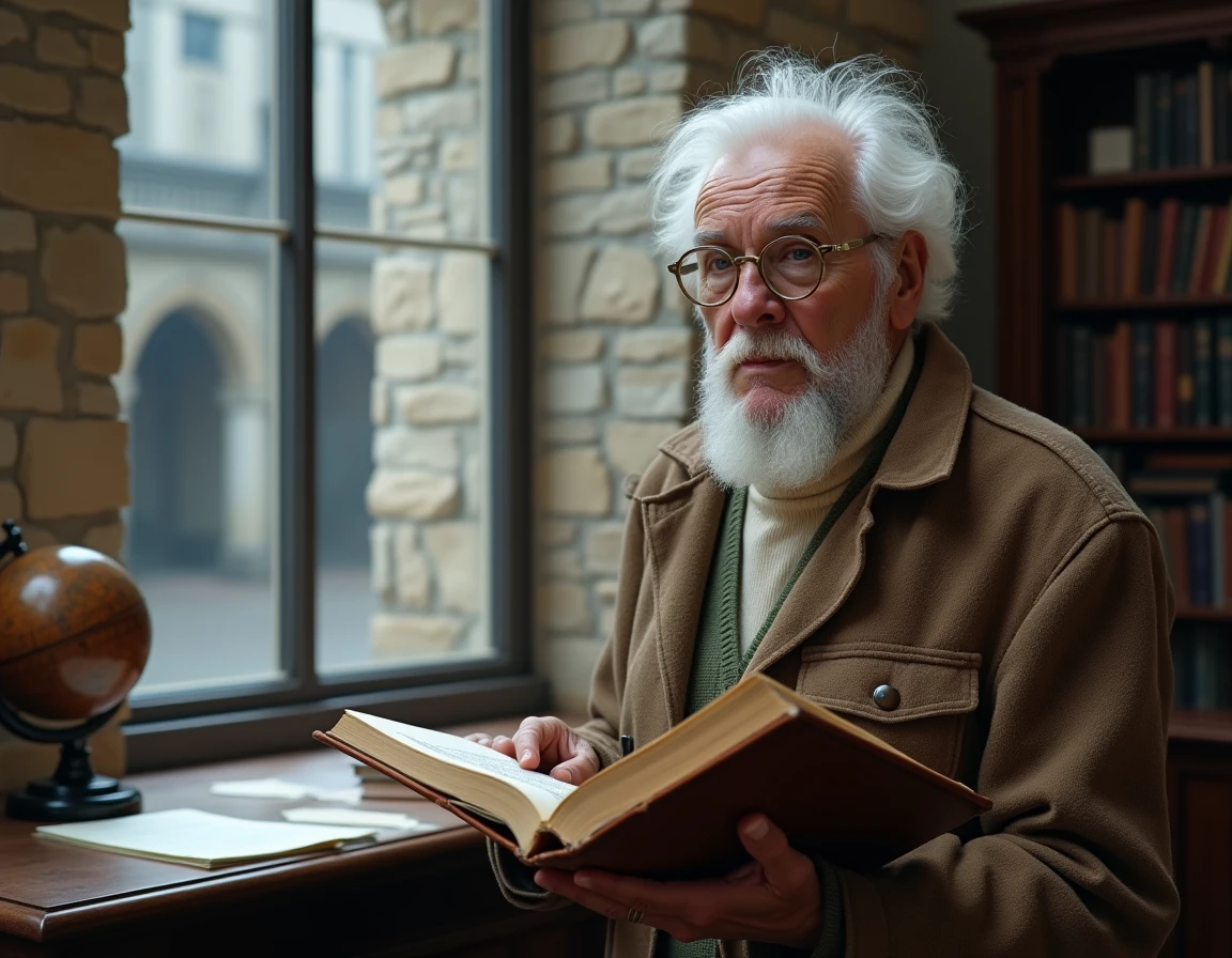 Vieux professeur de philosophie tenant un livre ancien devant une fenêtre en arc dans un bureau universitaire médiéval