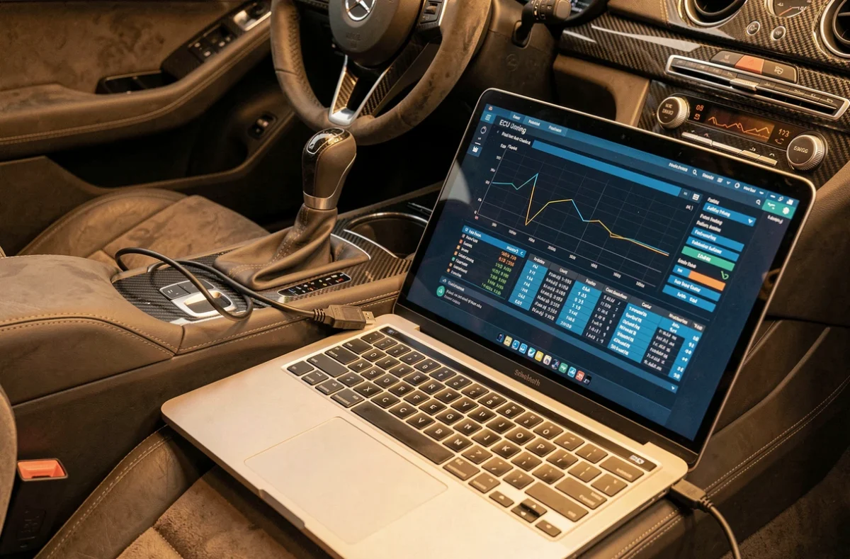Logiciel de reprogrammation moteur ECU affiché sur un ordinateur posé dans l'habitacle d'une voiture de sport