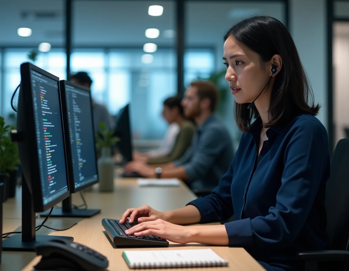 Femme technicienne résolvant un problème de connexion réseau Sigtao dans un open space professionnel