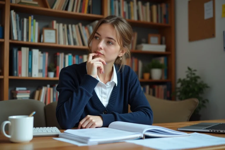 Jeune femme en train de réviser pour le concours de CPE à son bureau avec des notes et manuels scolaires