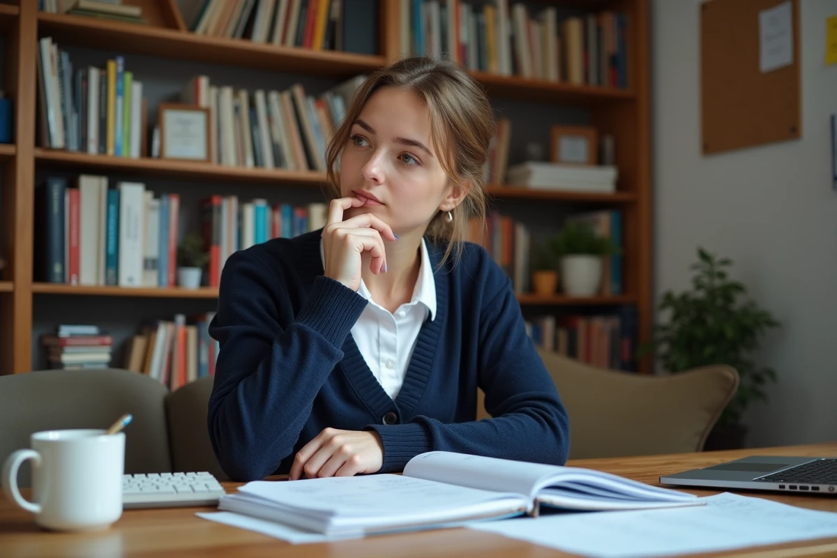 Jeune femme en train de réviser pour le concours de CPE à son bureau avec des notes et manuels scolaires