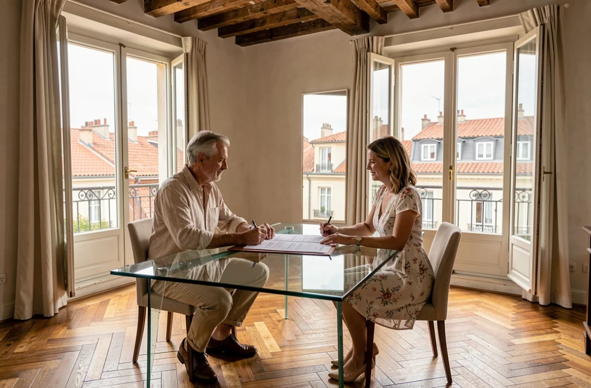 Couple signant un compromis de vente immobilière dans un appartement rénové à Lyon avec vue sur les toits