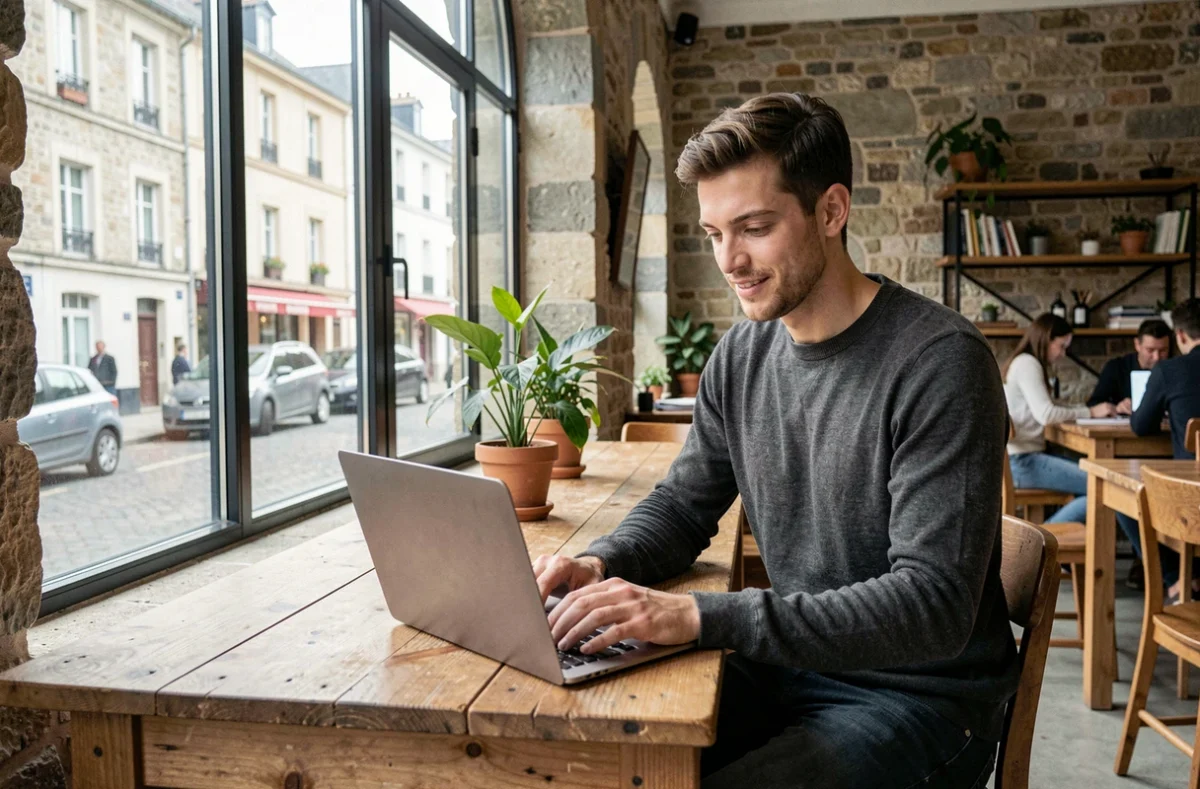 Jeune professionnel en télétravail dans un espace de coworking à Rennes, illustrant les perspectives d'avenir et l'économie bretonne