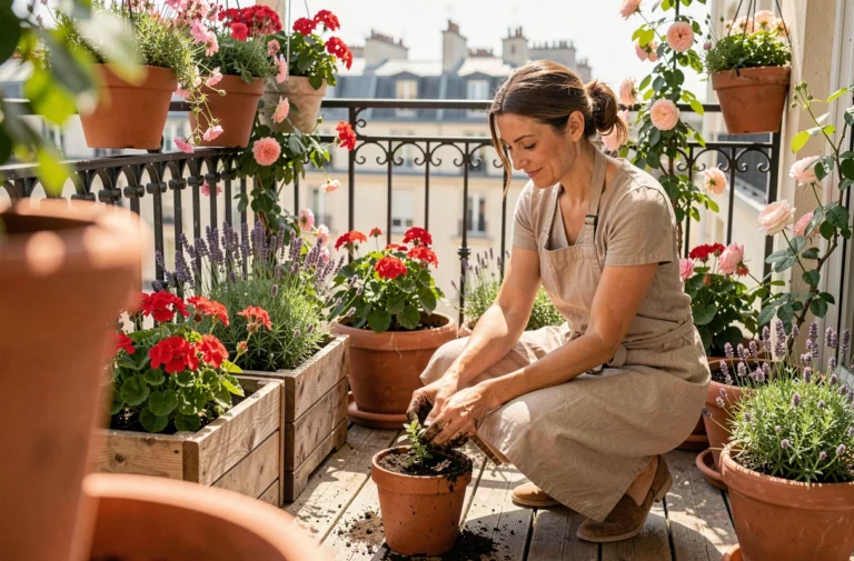 Femme qui jardine sur une terrasse urbaine fleurie avec des pots en terre cuite et des plantes grimpantes